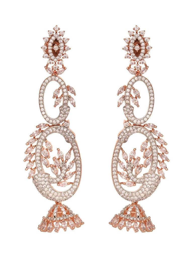Rose Gold Plated White AD Studded Designer Dropdown Jhumki Earrings view 5