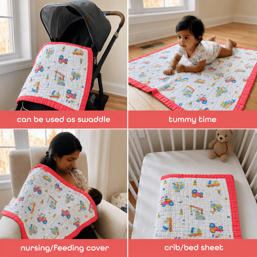 6-Layer Muslin Cotton Baby AC Blanket — Ultra-Soft, Breathable & Lightweight Blanket for Newborn to 6 Years, Stroller Cover & Crib Sheet (White and Coral Red) view 3