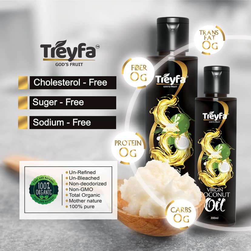 Treyfa Virgin coconut oil for hair, skin & cooking | Natural Raw Pure Organic Coconut Oil, Non-GMO, Unrefined & Cold Pressed oil for menं & womenं view 3
