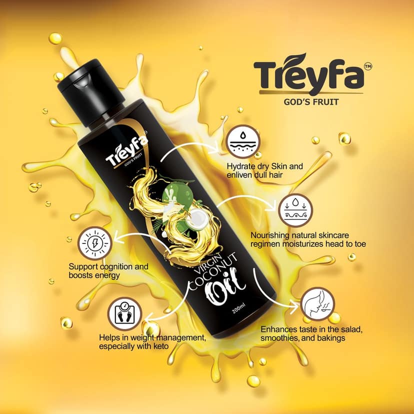 Treyfa Virgin coconut oil for hair, skin & cooking | Natural Raw Pure Organic Coconut Oil, Non-GMO, Unrefined & Cold Pressed oil for menं & womenं view 4