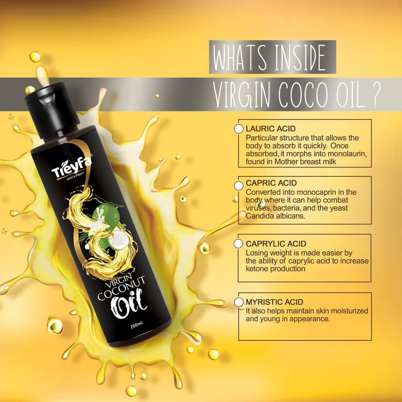 Treyfa Virgin coconut oil for hair, skin & cooking | Natural Raw Pure Organic Coconut Oil, Non-GMO, Unrefined & Cold Pressed oil for menं & womenं view 5