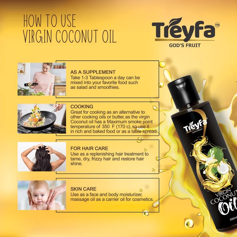 Treyfa Virgin coconut oil for hair, skin & cooking | Natural Raw Pure Organic Coconut Oil, Non-GMO, Unrefined & Cold Pressed oil for menं & womenं view 6
