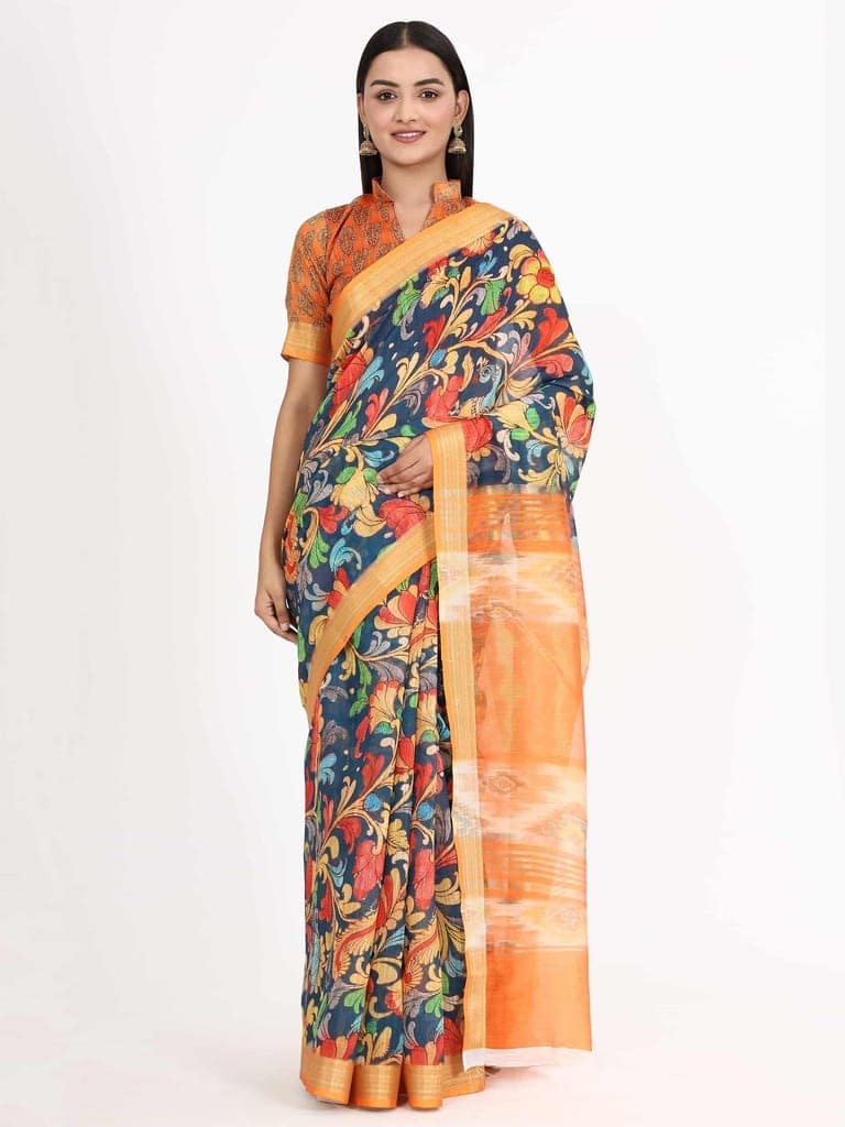 Women's Linen Floral Print Multicolor Saree