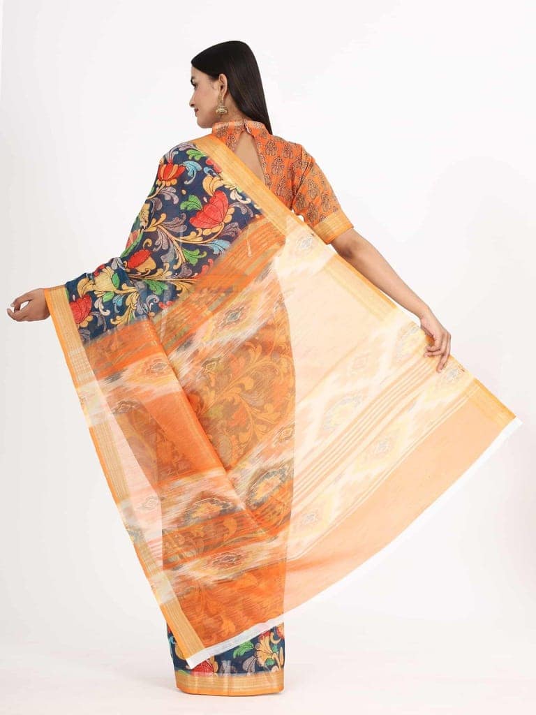 Women's Linen Floral Print Multicolor Saree view 2