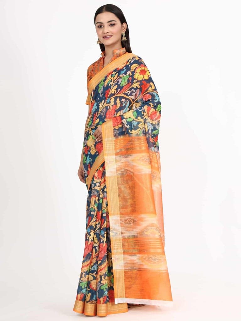 Women's Linen Floral Print Multicolor Saree view 3