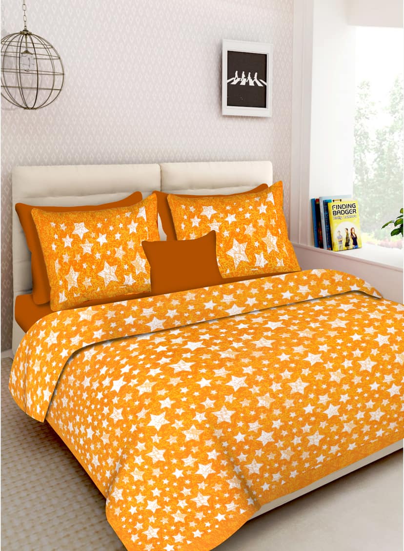 Lali Prints Jaipuri Yellow White Printed Cotton 130 TC Queen Bedsheet 2 Pillow Covers