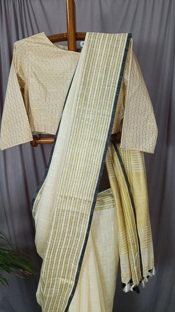 Khadi Linen Saree White Color with running blouse-1446 view 4