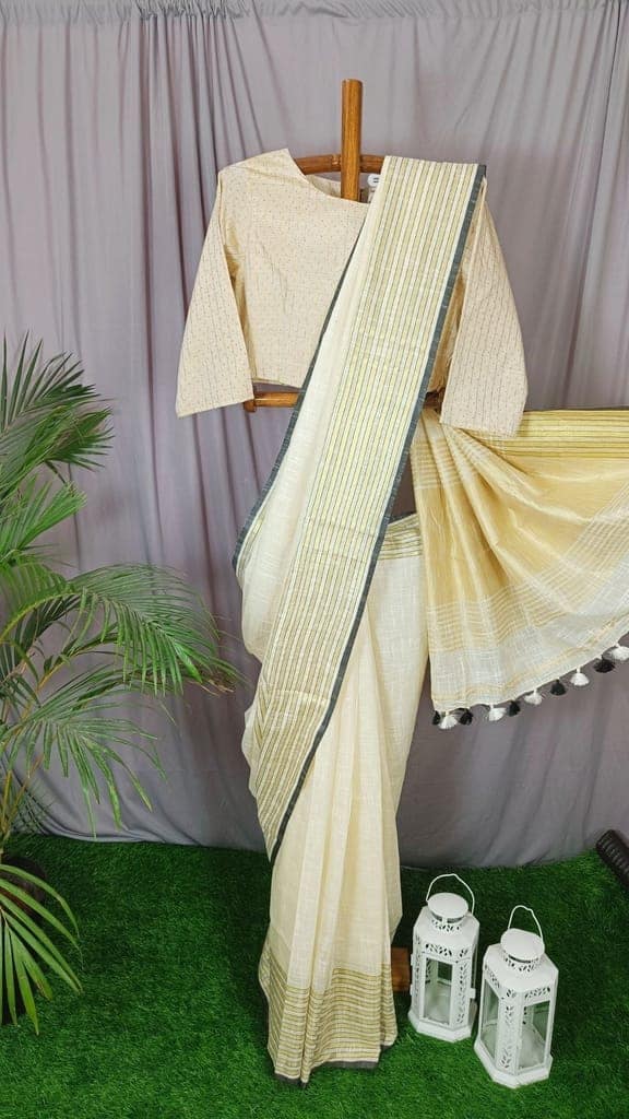 Khadi Linen Saree White Color with running blouse-1446 view 5