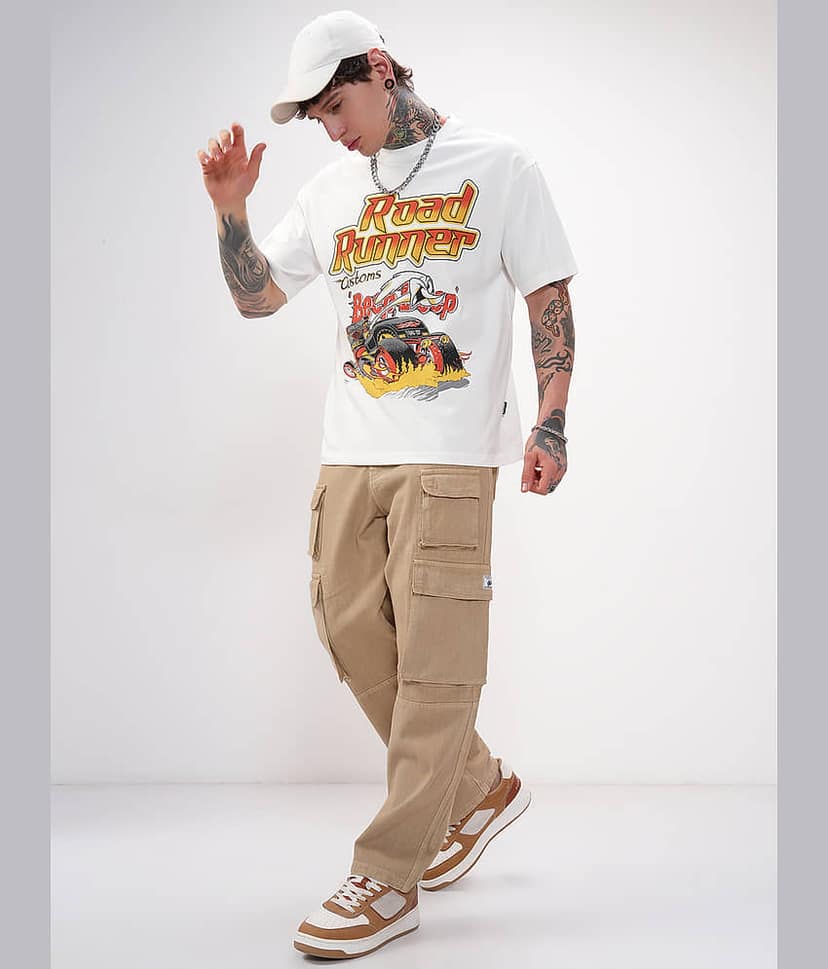 Highlander Men Cotton Blend Oversized Fit Printed T-Shirt ( White ) view 2