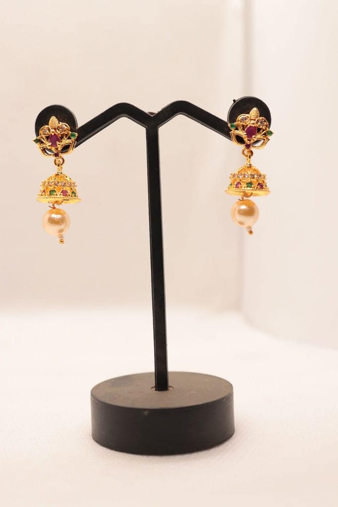 Pearl and Ruby Traditional Indian Jhumka Earrings