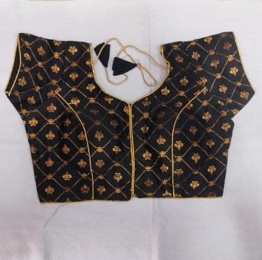 Black and gold embroidered brocade blouse with short sleeves