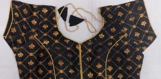 Black and gold embroidered brocade blouse with short sleeves view 3