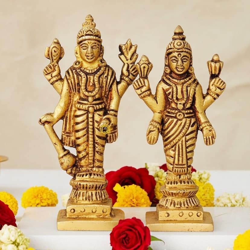 Brass Vishnu & Laxmi Ji Idol Pair ? Divine God Statue Set, Height : 2.5 Inch (BSMAS1459)