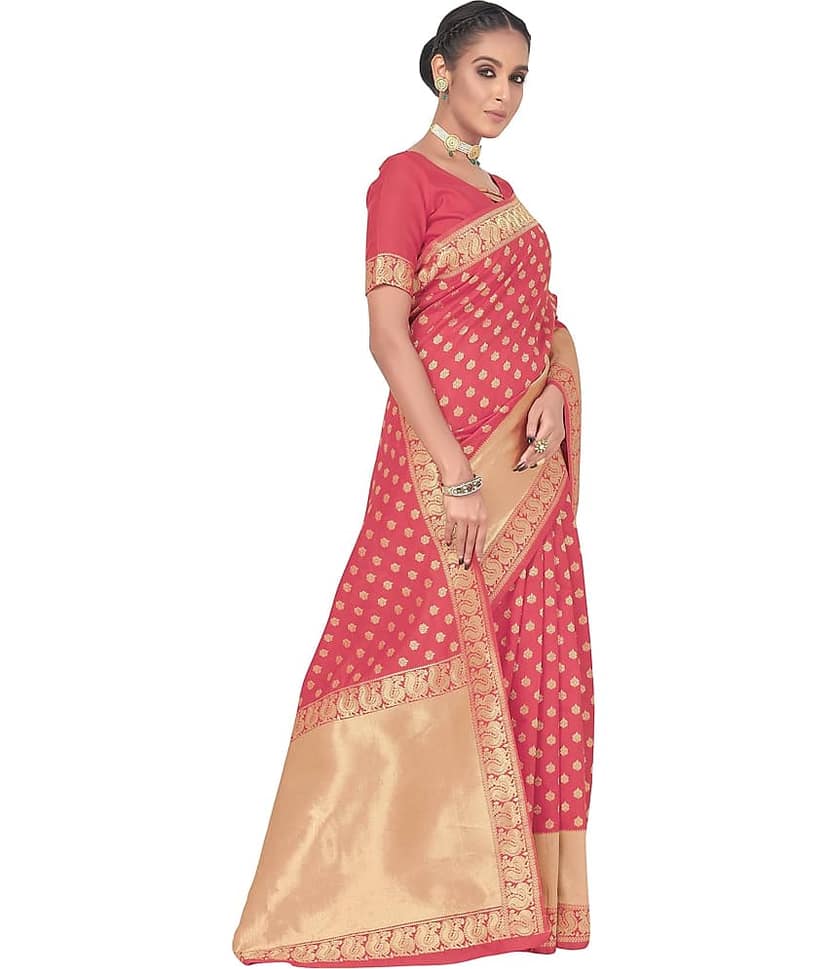 Sariya Jacquard Embellished Saree With Unstitched Blouse Piece ( Pink ) view 2