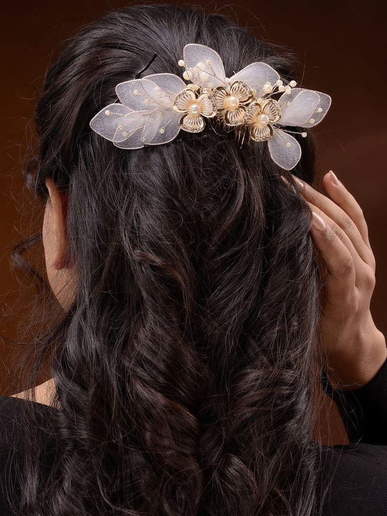 White Gold Toned Enamelled Pearl Beaded Bridal Comb Pin view 2