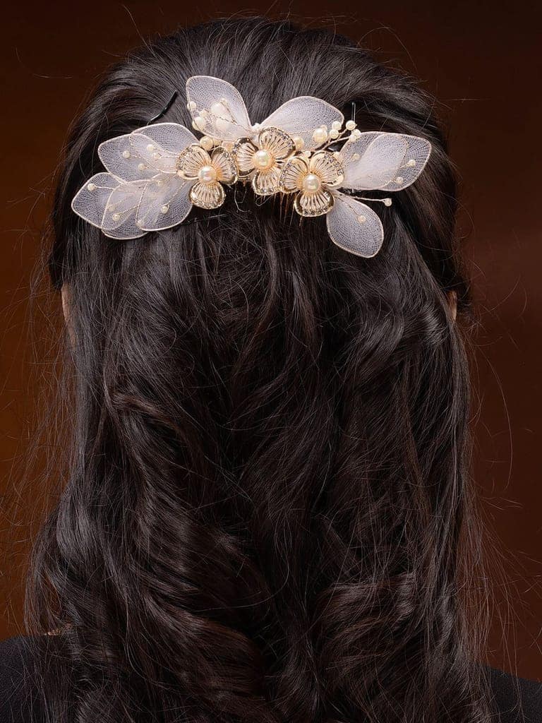 White Gold Toned Enamelled Pearl Beaded Bridal Comb Pin view 7