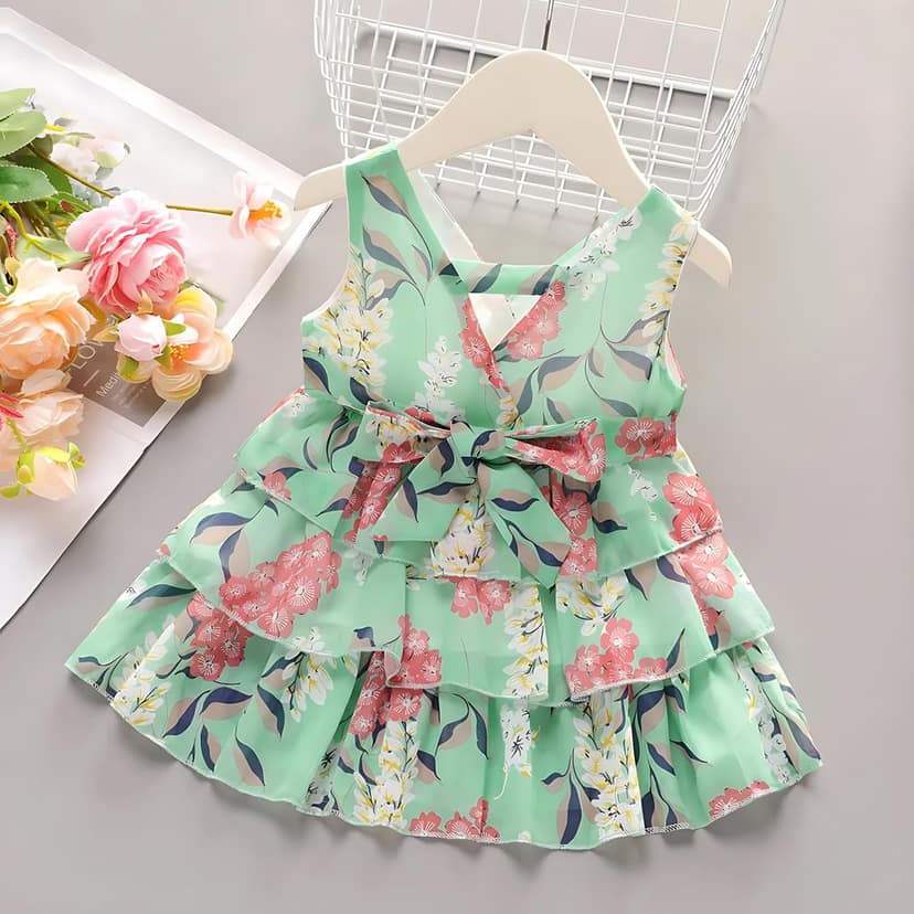 Buy & Try Girl's Georgette Printed Sleeve Less Short Frock Dress view 2