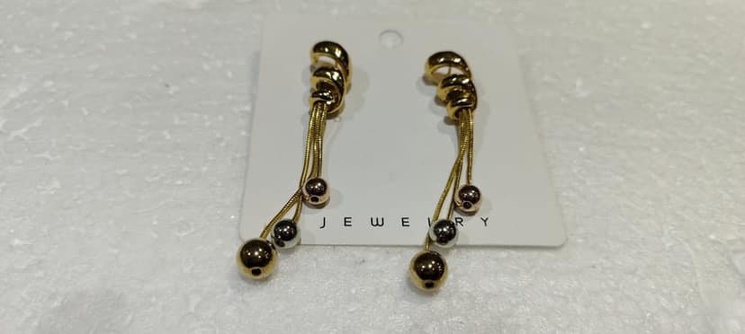 Gold-plated Drop Earrings with Double Strands and Ball Accents