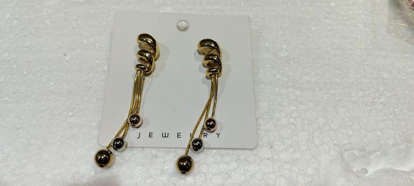 Gold-plated Drop Earrings with Double Strands and Ball Accents view 3