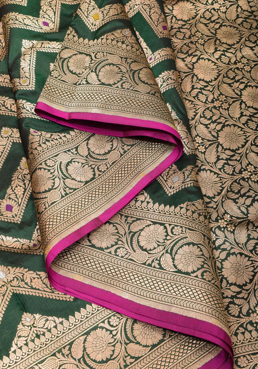 Exquisite Green Banarasi Silk Saree with Meenakari Chevron Pattern | SILK MARK CERTIFIED view 6