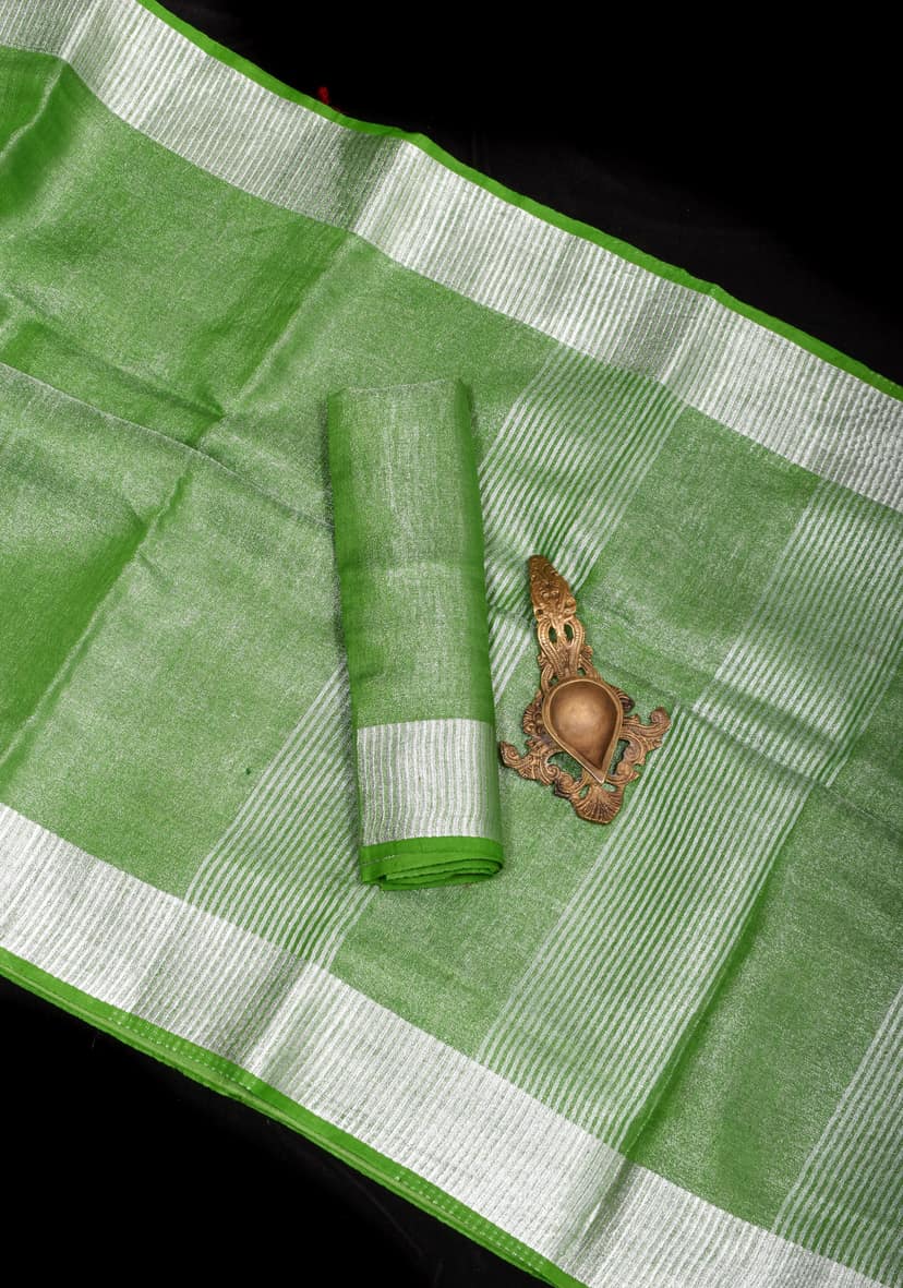 Green Silver Tissue Linen Saree with Silver Ribbed Zari Borders and Panel Pallu view 2