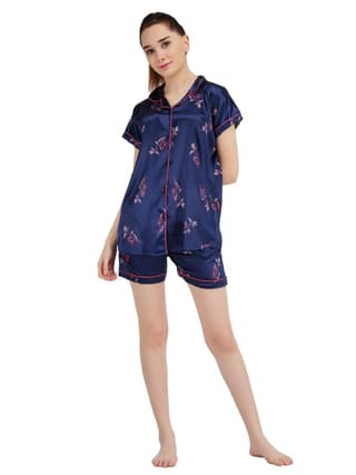 KOI SLEEPWEAR Women's Printed Satin Shirt & Short Sleeve Night Suit Lounge Wear