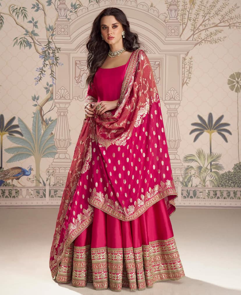 New Indian Heavy Wedding Wear Pink Silk Anarkali Suit for Women
