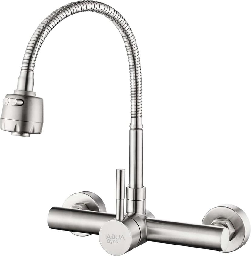 304 Bathroom Sink Taps Kitchen Faucet Wall Mounted Kitchen Sink Mixer Tap Rotate Kitchen Faucet Stainless Steel Brushed Hot & Cold Mixer Water Tap Silver