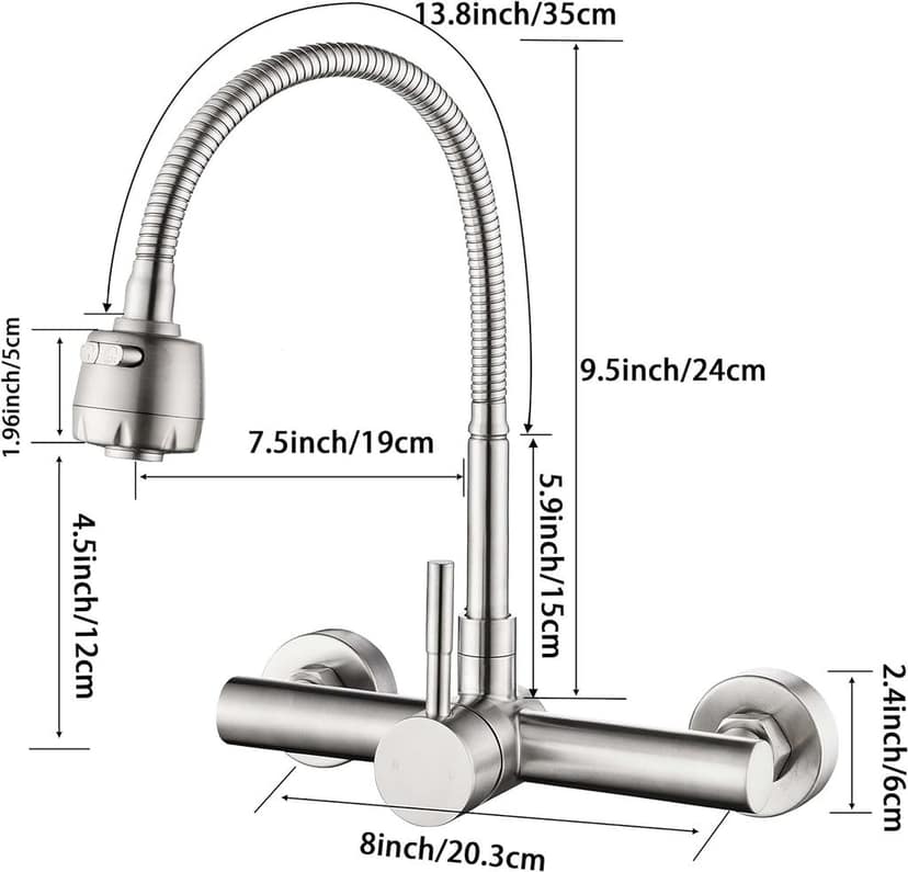 304 Bathroom Sink Taps Kitchen Faucet Wall Mounted Kitchen Sink Mixer Tap Rotate Kitchen Faucet Stainless Steel Brushed Hot & Cold Mixer Water Tap Silver view 2