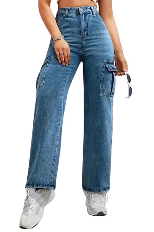 Glossia Fashion High Waist Cargo Denim Jeans for Women Wide Leg Stretchable Straight Fit Jeans - Blue, 36
