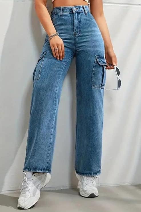 Glossia Fashion High Waist Cargo Denim Jeans for Women Wide Leg Stretchable Straight Fit Jeans - Blue, 36 view 2