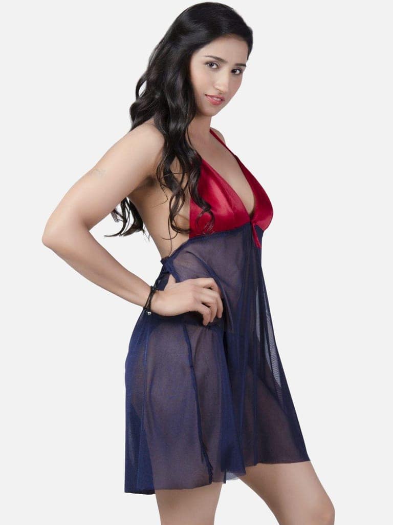 Sheer Net Hot Navy Blue Babydoll Bikini Night Dress for Honeymoon K9MN view 3