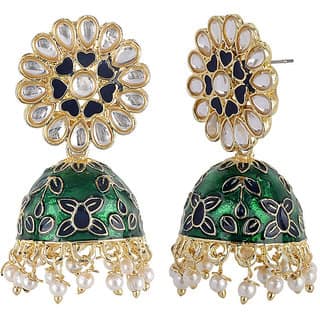 Green Golden Jhumki With Kundan Top Earrings for Girls Alloy Material Earrings for Women's Fashion Jewellery view 2