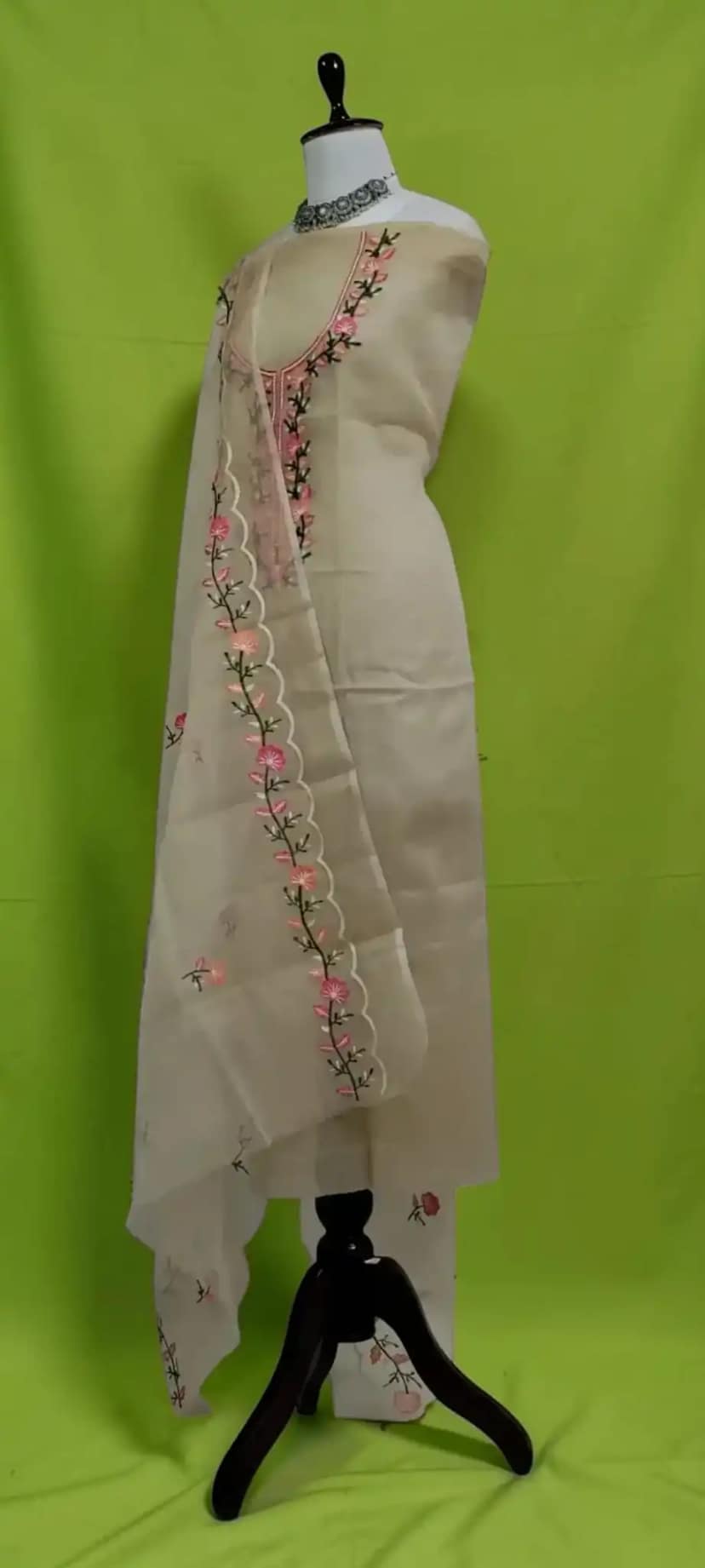 Kota Doria Cotton-Silk Dress Material, Gota Patti, Biscuit Floral view 2