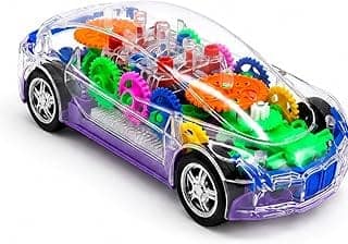 Transparent Gear Car Toy with Moving, Flashing LED Lights & Music Bump and Go Educational Vehicle for Kids, Boys & Girls Battery Operated Mechanical