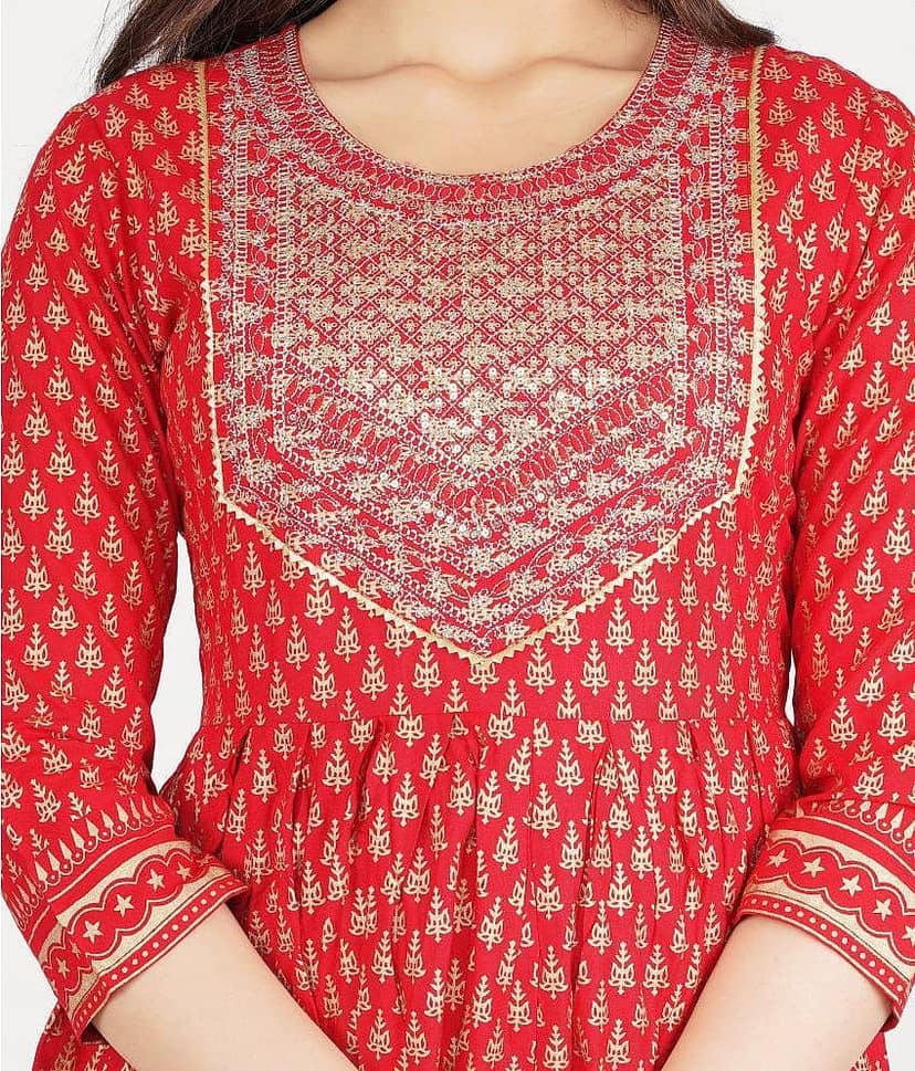 Jaipuri Collection - Red Rayon Women's Flared Kurti ( Pack of 1 ) view 2
