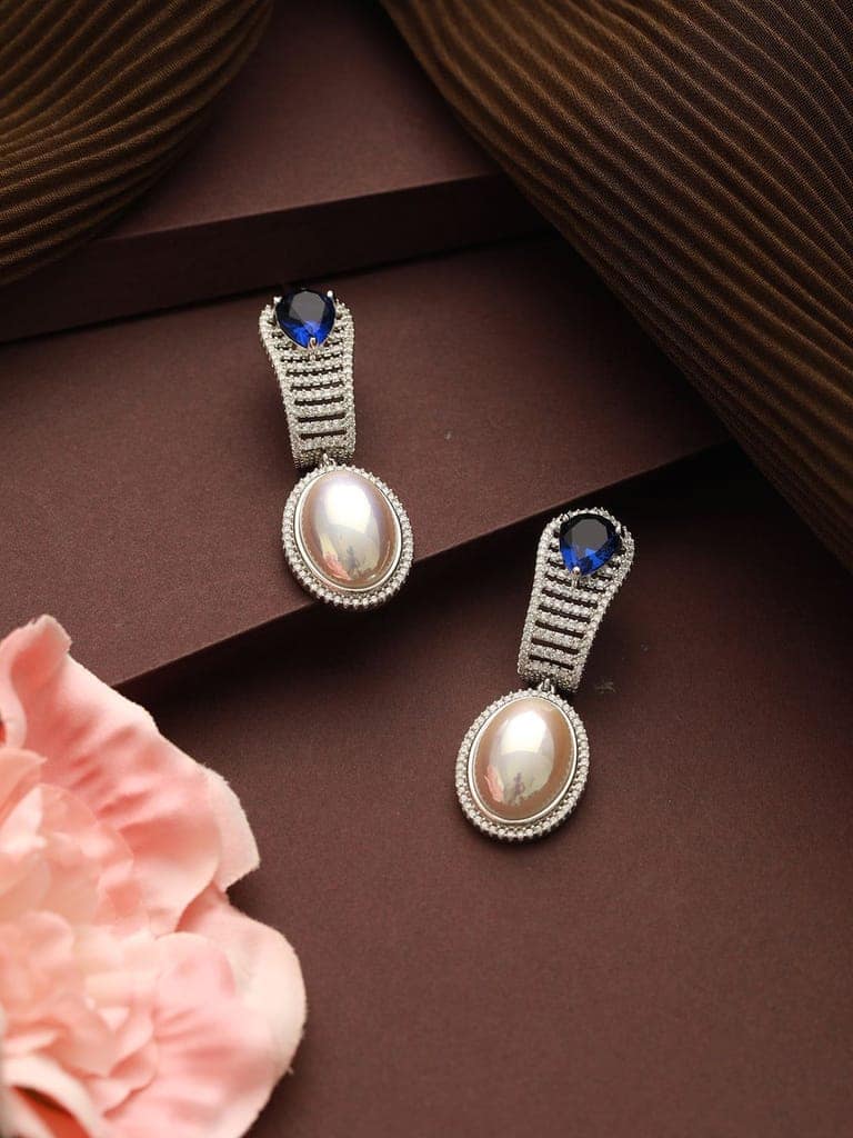 Silver Plated Blue AD Studded & Pearl Contemporary Hoop Bali Earrings view 2