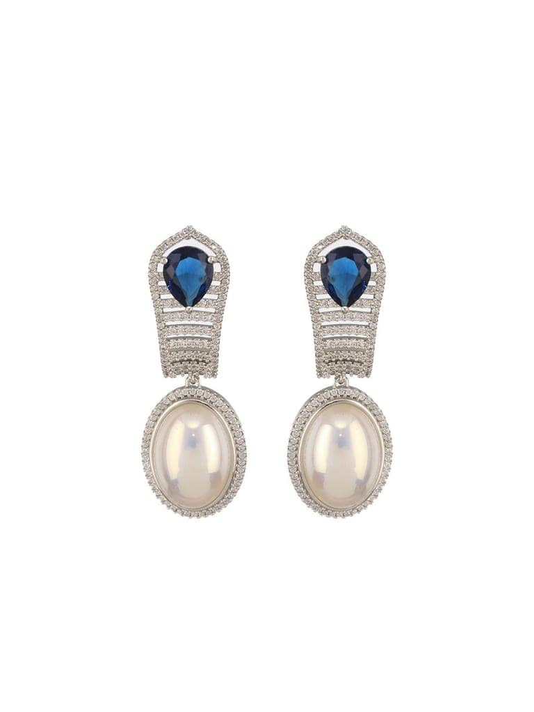 Silver Plated Blue AD Studded & Pearl Contemporary Hoop Bali Earrings view 4