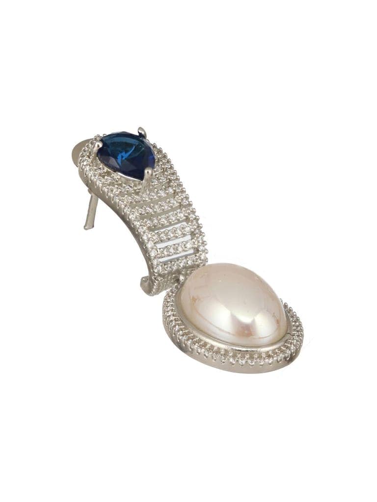 Silver Plated Blue AD Studded & Pearl Contemporary Hoop Bali Earrings view 5