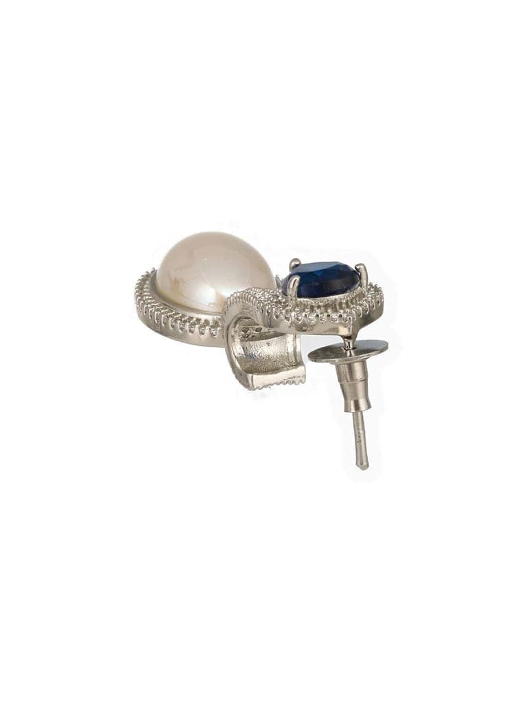 Silver Plated Blue AD Studded & Pearl Contemporary Hoop Bali Earrings view 6