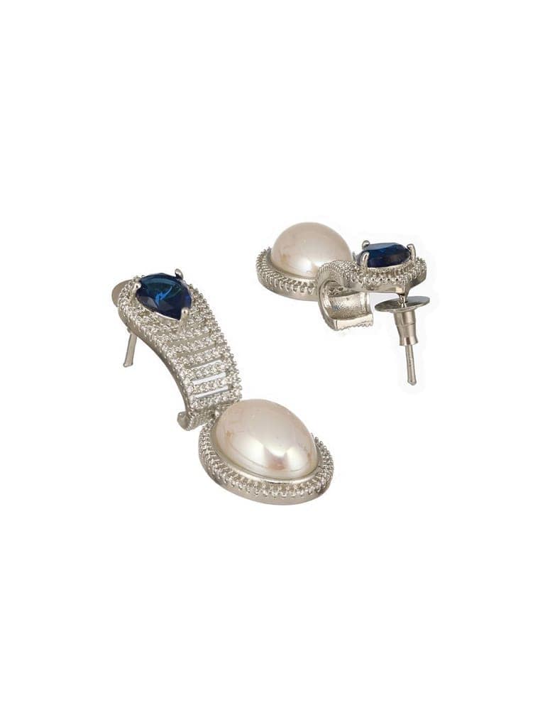 Silver Plated Blue AD Studded & Pearl Contemporary Hoop Bali Earrings view 7