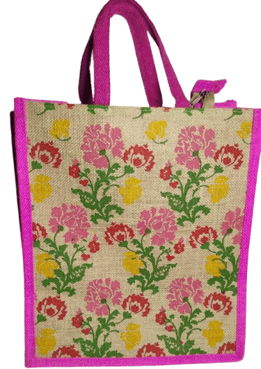 Pink Floral Jute Tote Bag with Double Handles