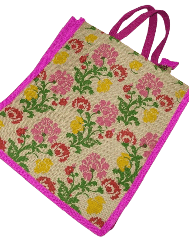 Pink Floral Jute Tote Bag with Double Handles view 2