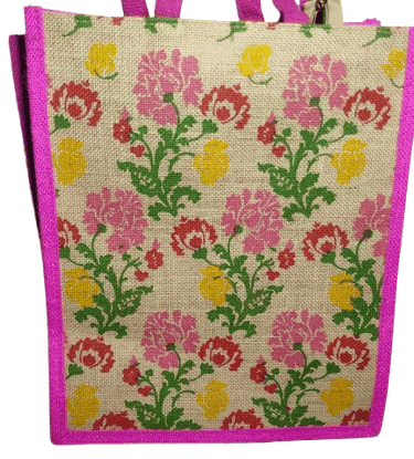 Pink Floral Jute Tote Bag with Double Handles view 3