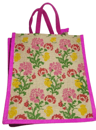 Pink Floral Jute Tote Bag with Double Handles view 4