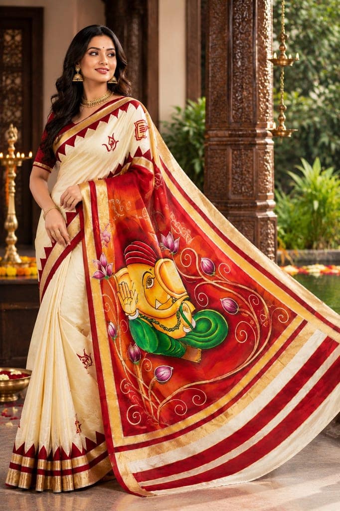 DHRUVINSRI Premium Ivory White Kerala Kasavu Cotton Hand Painted Saree | Peacock Tree of Life Ethnic Motif | Fine Lightweight Cotton Kasavu Saree | Artisan Handmade Indian Traditional Saree for Women