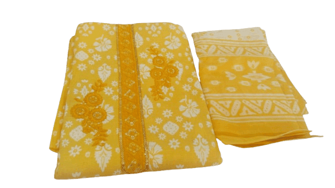 Yellow and White Floral Embroidered Cotton Suit with Chiffon Dupatta
