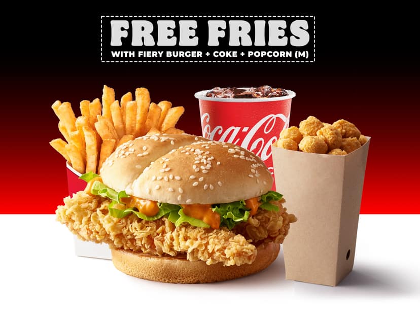 Fiery burger and popcorn meal + free fries
