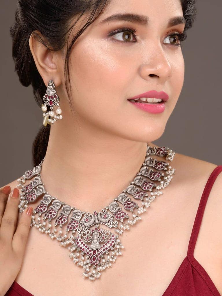 Oxidised Silver Toned Antique Temple Peacock Design Choker Jewellery set view 2