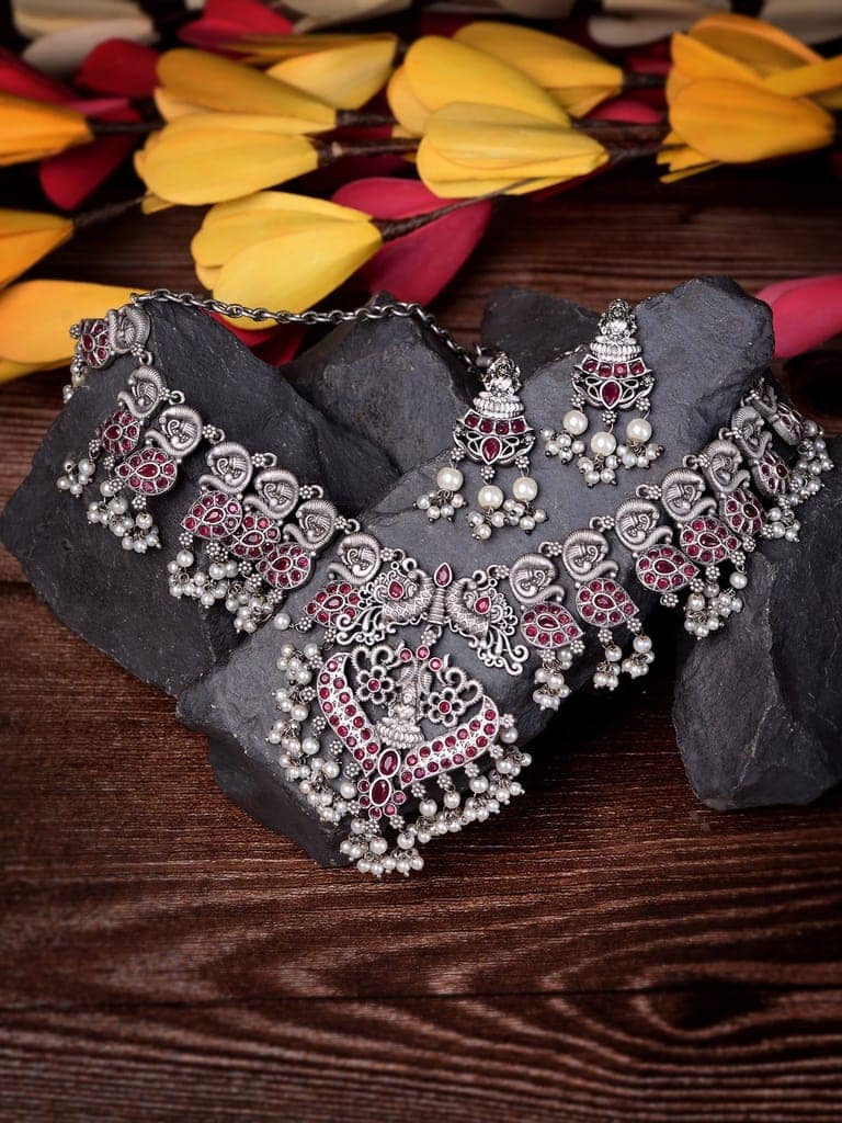 Oxidised Silver Toned Antique Temple Peacock Design Choker Jewellery set view 3